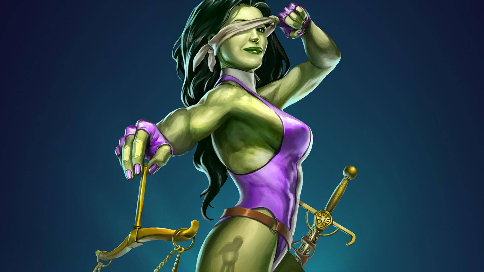 she 桌布 壁紙 — 一個肌肉發達的綠色皮膚女人戴著眼罩，在深藍色背景上揮舞劍和天平。