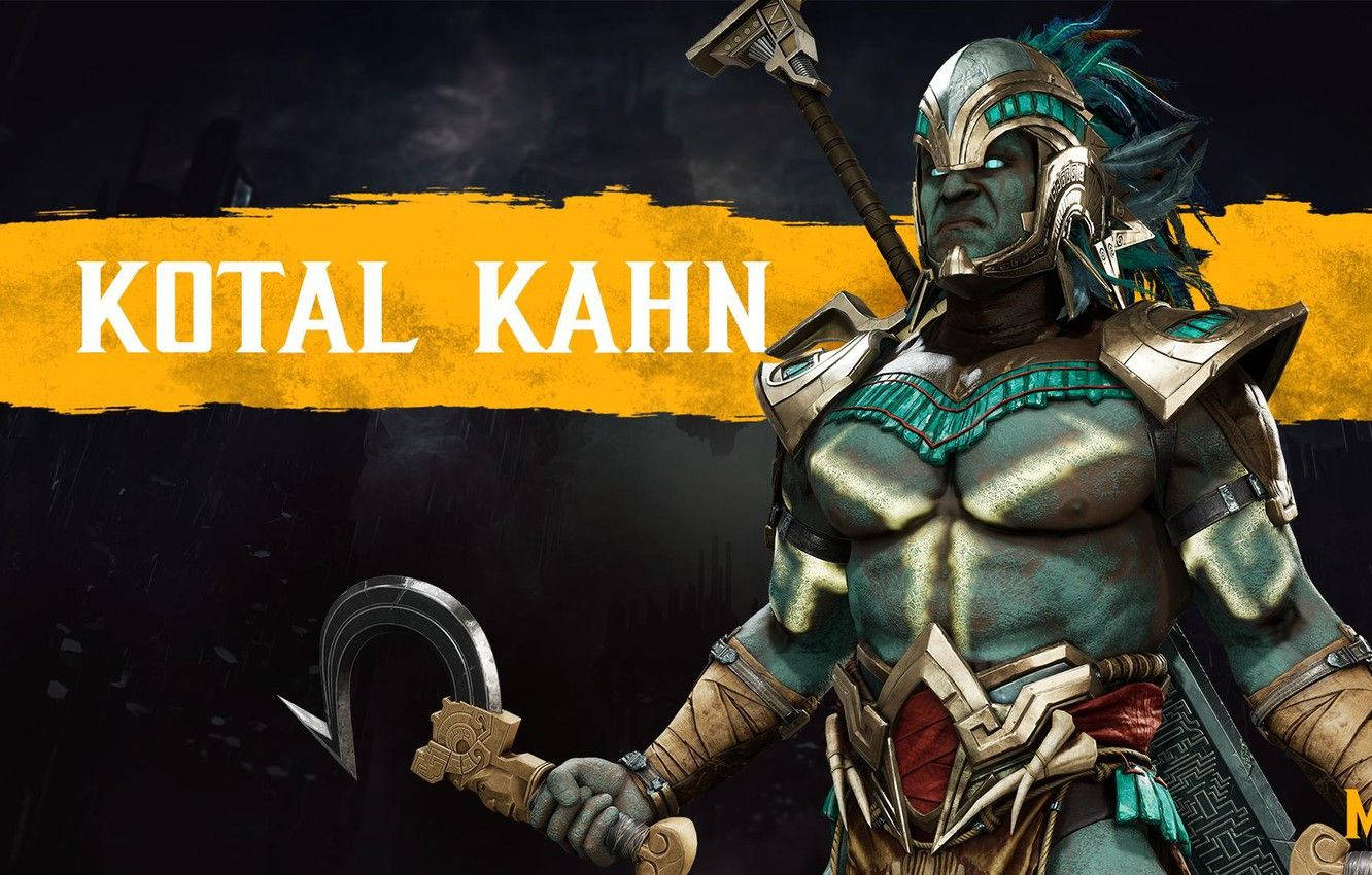 Mk11 桌布 壁紙 — 一個肌肉發達的綠色皮膚戰士身穿華麗盔甲，在黑暗風暴背景下揮舞彎曲刀刃，並有粗體黃色文字。