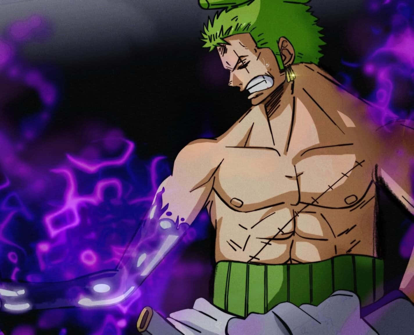 海賊王 桌布 壁紙 — 一個肌肉發達的綠色頭髮動漫戰士，帶有傷疤和發光的紫色手臂，在黑暗煙霧背景中強力地彎曲手臂。
