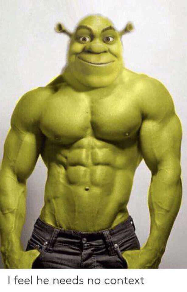 Funny Shrek 桌布 壁紙 — 一個肌肉發達的綠色食人魔，擁有明顯的腹肌，穿著牛仔褲，在純色背景前自信地擺姿勢。