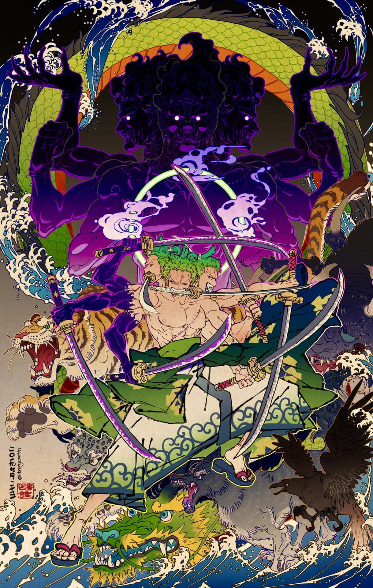 Wano Country 桌布 壁紙 — 一個肌肉發達的綠髮戰士在波濤洶湧的大海中揮舞三把劍，周圍環繞著神話野獸和一個高聳的紫色惡魔。