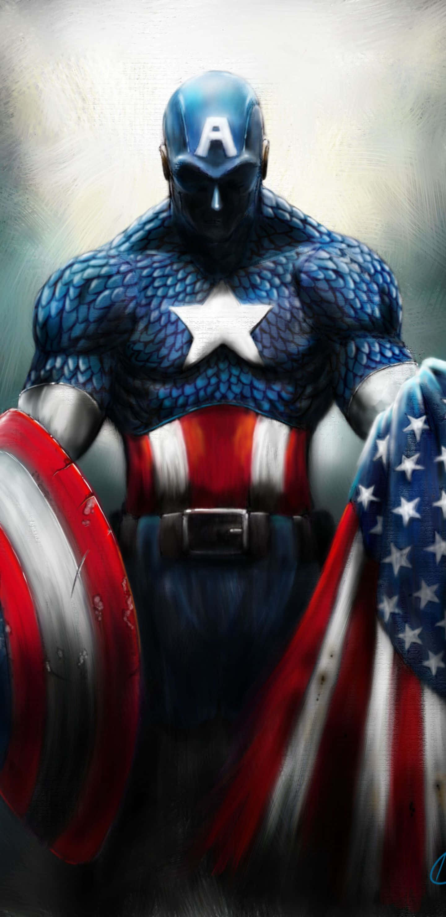 Pixel 3xl Captain America 桌布 壁紙 — 一個肌肉發達的美國隊長以英雄姿勢站立，手持盾牌和美國國旗，身穿帶有星形徽章的紋理藍色戰衣。