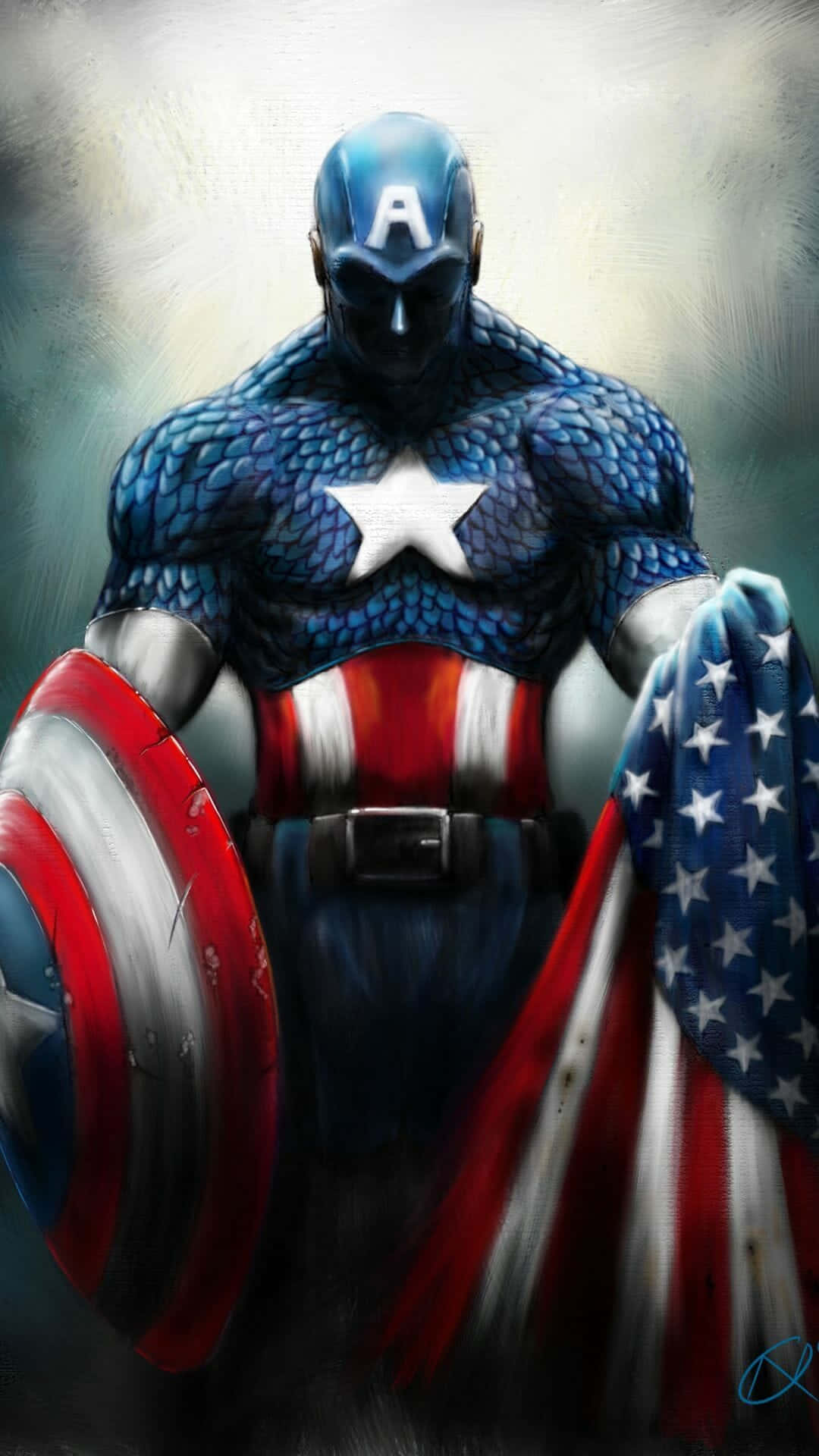 Captain America Android 桌布 壁紙 — 一個肌肉發達的美國隊長英雄地舉著他的盾牌和美國國旗，背景煙霧彌漫。