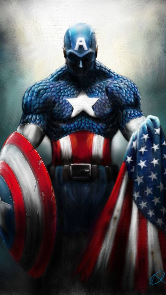 Captain America iPhone 桌布 壁紙 — 一個肌肉發達的美國隊長英雄式地站在煙霧背景前，手持盾牌和美國國旗。
