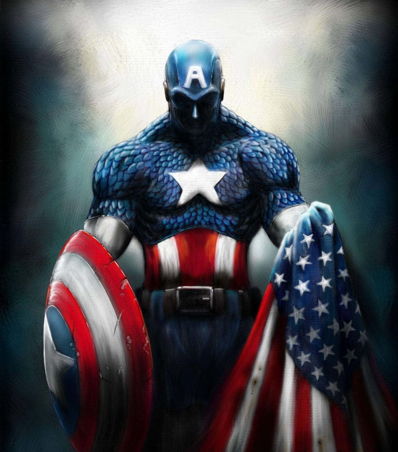 Captain America Cool 桌布 壁紙 — 一個肌肉發達的美國隊長英雄式地舉著他的盾牌和美國國旗，背景煙霧瀰漫。