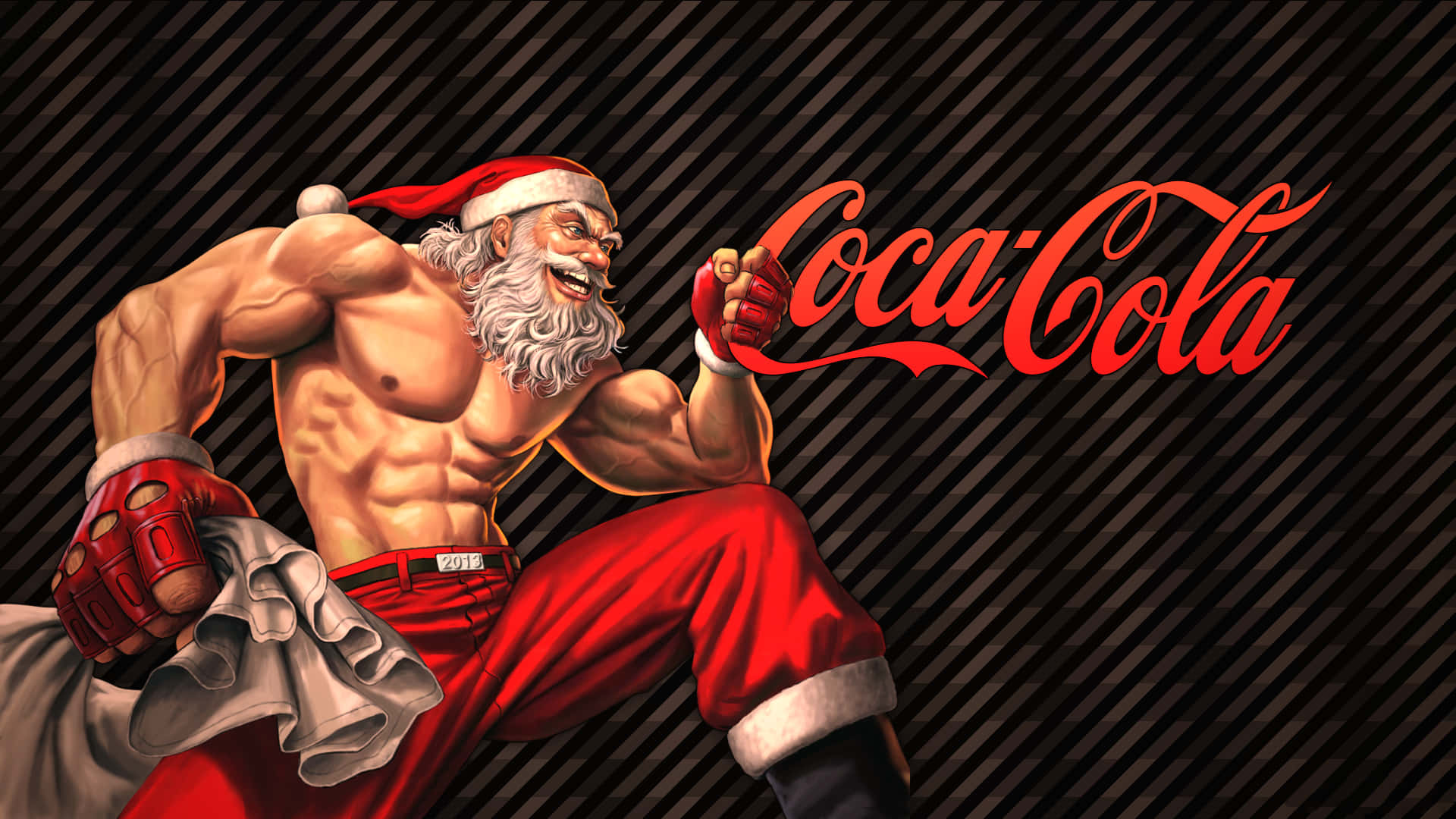 coca cola 桌布 壁紙 — 一個肌肉發達的聖誕老人，穿著紅色拳擊手套和褲子，在帶有可口可樂標誌的黑色斜紋背景上動態擺姿勢。