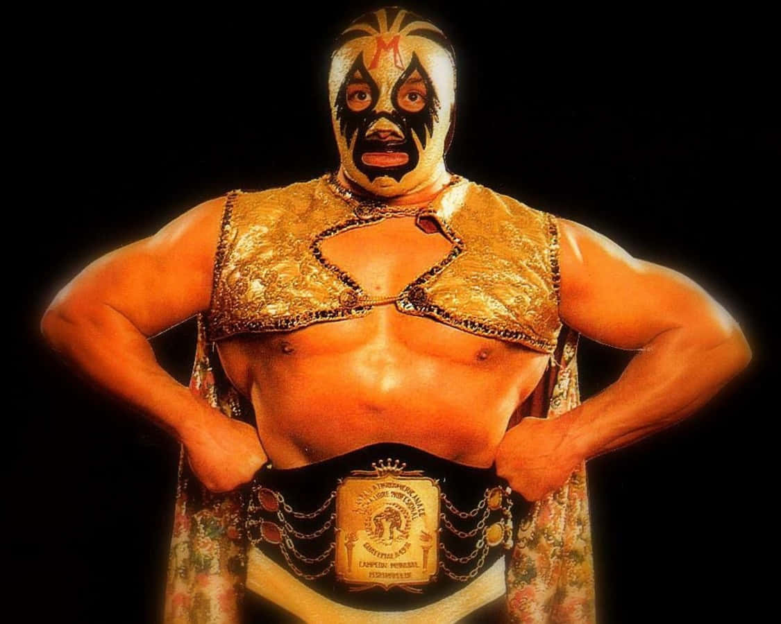 WWE 桌布 壁紙 — 一個肌肉發達的蒙面摔角手，戴著金色和黑色面具，穿著華麗的金色背心，在黑色背景前自信地展示冠軍腰帶。