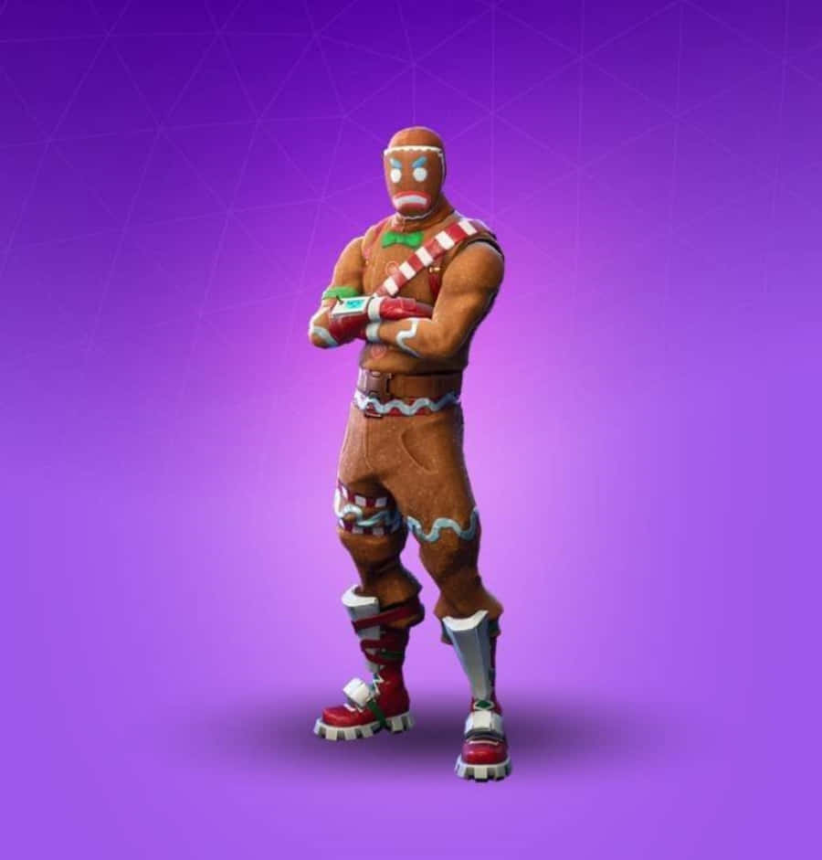 Fortnite Skins Battle Royale 桌布 壁紙 — 一個肌肉發達的薑餅人角色自信地交叉雙臂，站在充滿活力的紫色漸變背景前。
