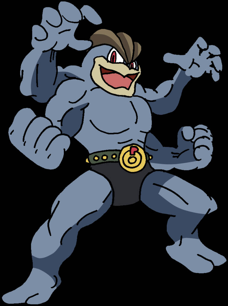 Machamp 桌布 壁紙 — 一個肌肉發達的藍色卡通角色，帶有棕色莫霍克頭和金色腰帶，在黑色背景前彎曲雙臂。