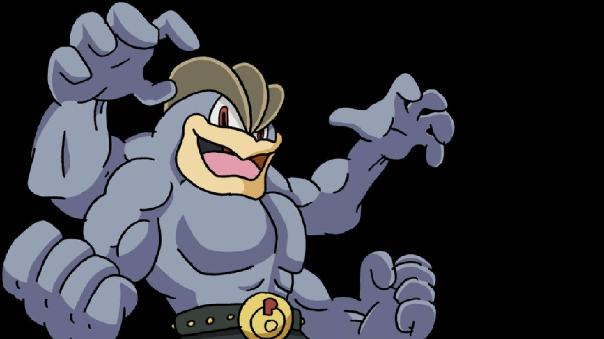 Machamp 桌布 壁紙 — 一個肌肉發達的藍色卡通角色，戴著牛仔帽和金色皮帶扣，在黑色背景前彎曲雙臂。