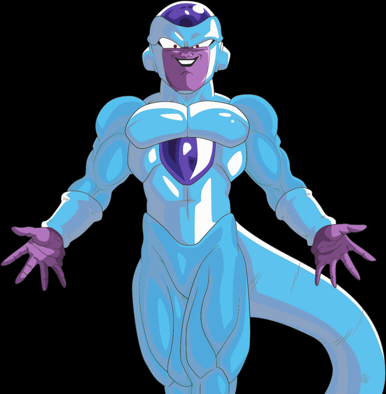Frieza 桌布 壁紙 — 一個肌肉發達的藍色和紫色動漫角色，咧嘴大笑，站在黑色背景前。