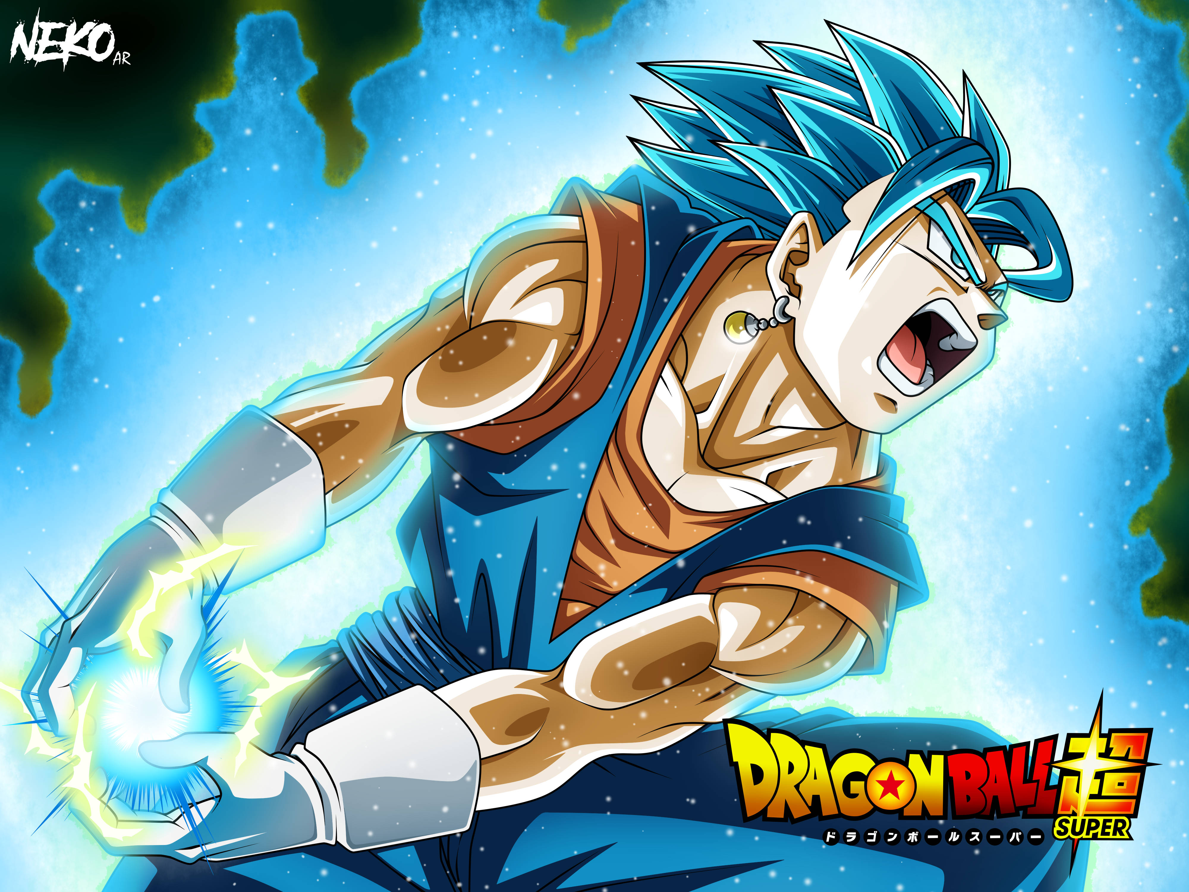 Vegito 桌布 壁紙 — 一個肌肉發達的藍髮動漫戰士在咆哮，同時在宇宙星空背景下充能一個發光的能量爆炸。