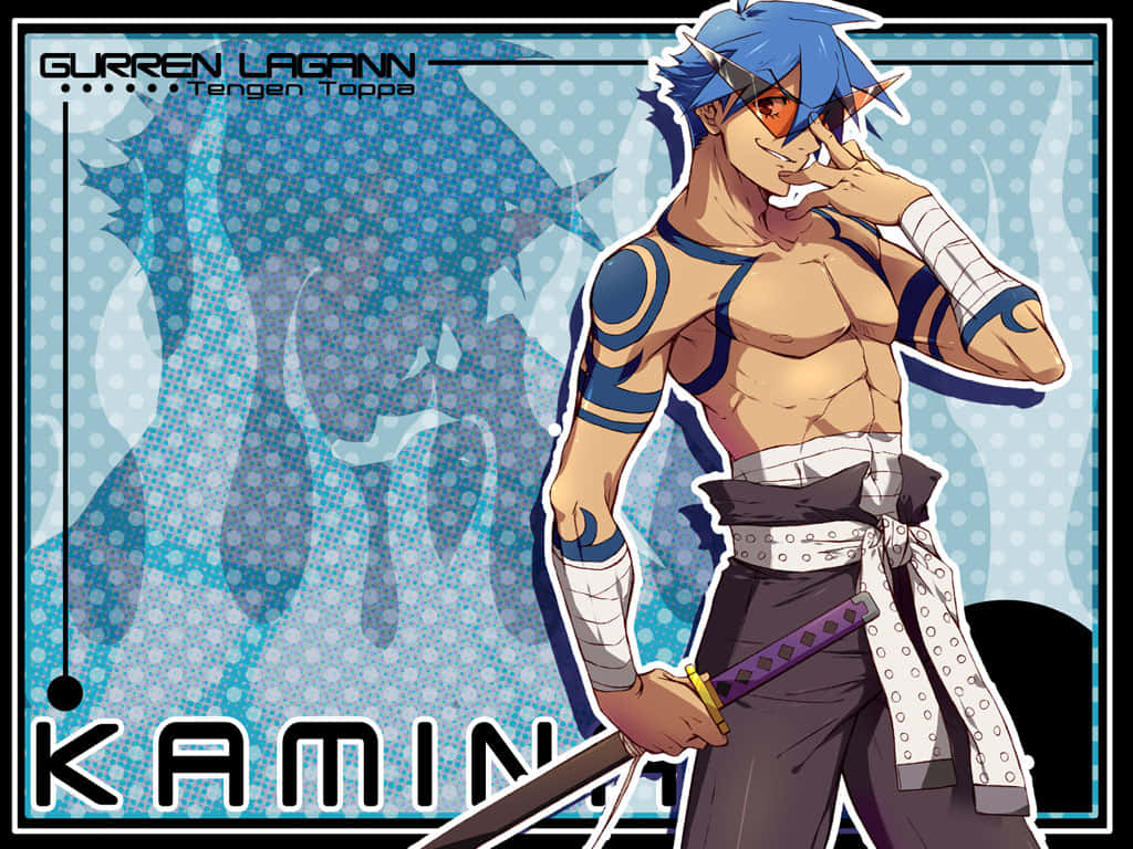 Gurren Lagann Kamina 桌布 壁紙 — 一個肌肉發達的藍髮橙色眼睛動漫角色，自信地擺姿勢，手持劍，背景為藍色半色調。