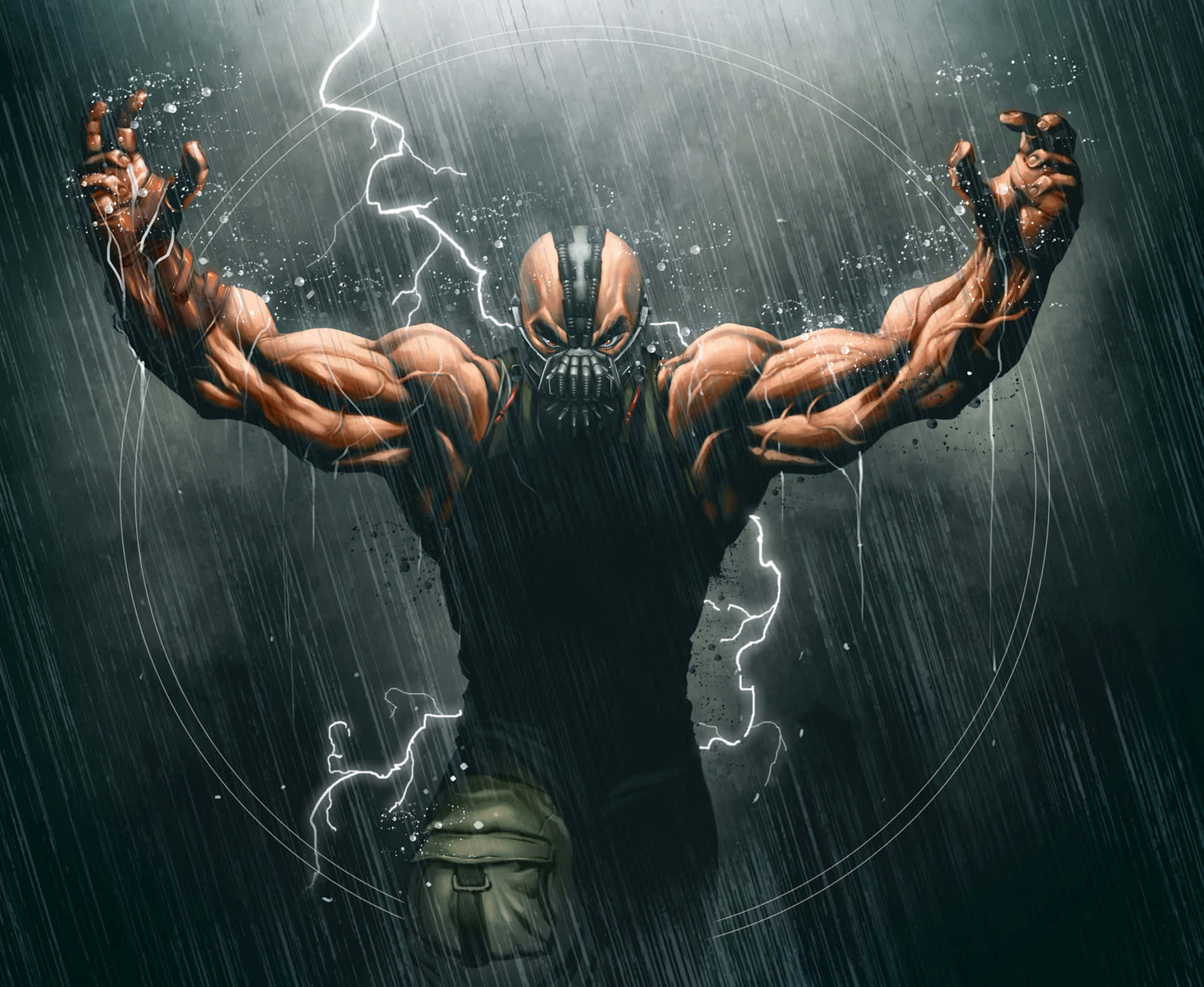 bane 桌布 壁紙 — 一個肌肉發達的蝙蝠俠反派站在暴風雨中，閃電在他伸出的雙臂周圍劈啪作響。
