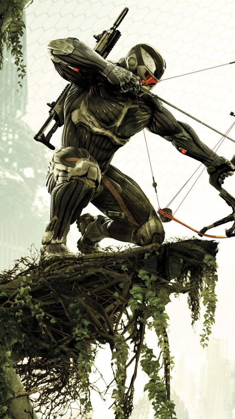 Crysis 3 桌布 壁紙 — 一個肌肉發達的裝甲弓箭手蹲在藤蔓覆蓋的廢墟上，肩上掛著步槍，瞄準弓，背景是朦朧的城市。