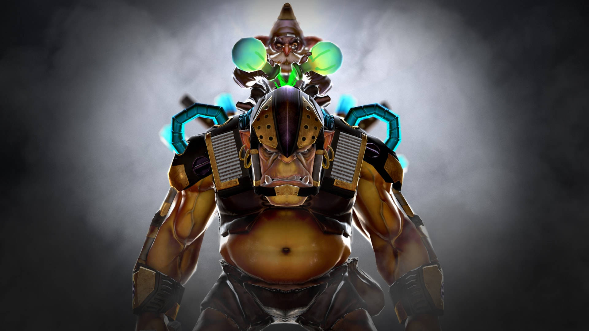 Dota 2 桌布 壁紙 — 一個肌肉發達的裝甲戰士，帶有發光的綠色球體和角狀頭盔，站在煙霧瀰漫的黑暗中。