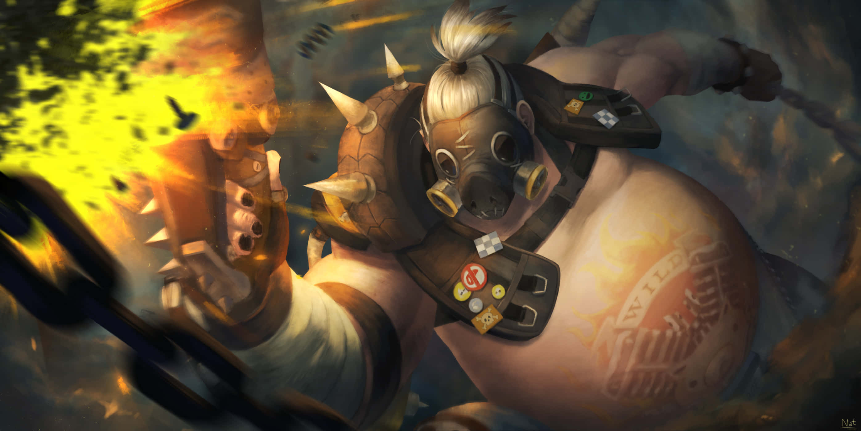 Overwatch Roadhog 桌布 壁紙 — 一個肌肉發達的裝甲戰士，戴著防毒面具和尖刺肩甲，在熾熱的戰鬥場景中揮舞著發光的錘子。