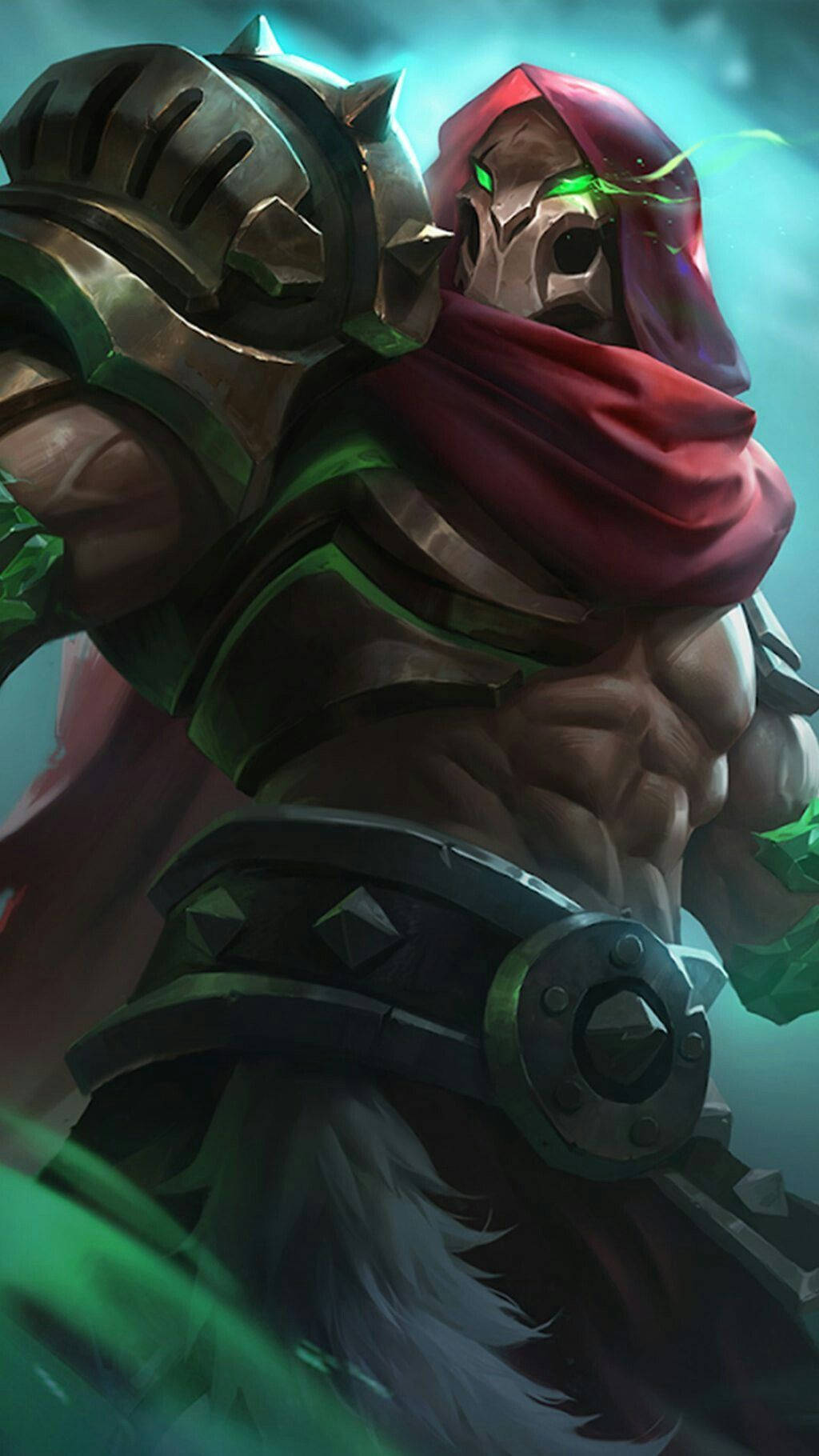 Mobile Legends 動態圖 桌布 壁紙 — 一個肌肉發達的裝甲戰士，擁有發光的綠色眼睛和紅色兜帽，站在迷霧般的藍綠色環境中。