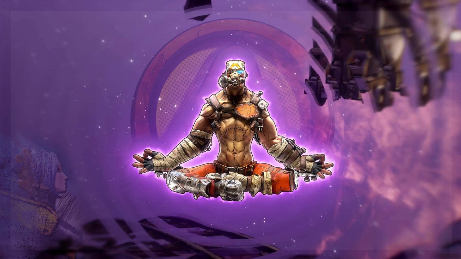 Borderlands 桌布 壁紙 — 一個肌肉發達的裝甲戰士在一個發光的紫色宇宙隧道中平靜地冥想，周圍漂浮著碎片。