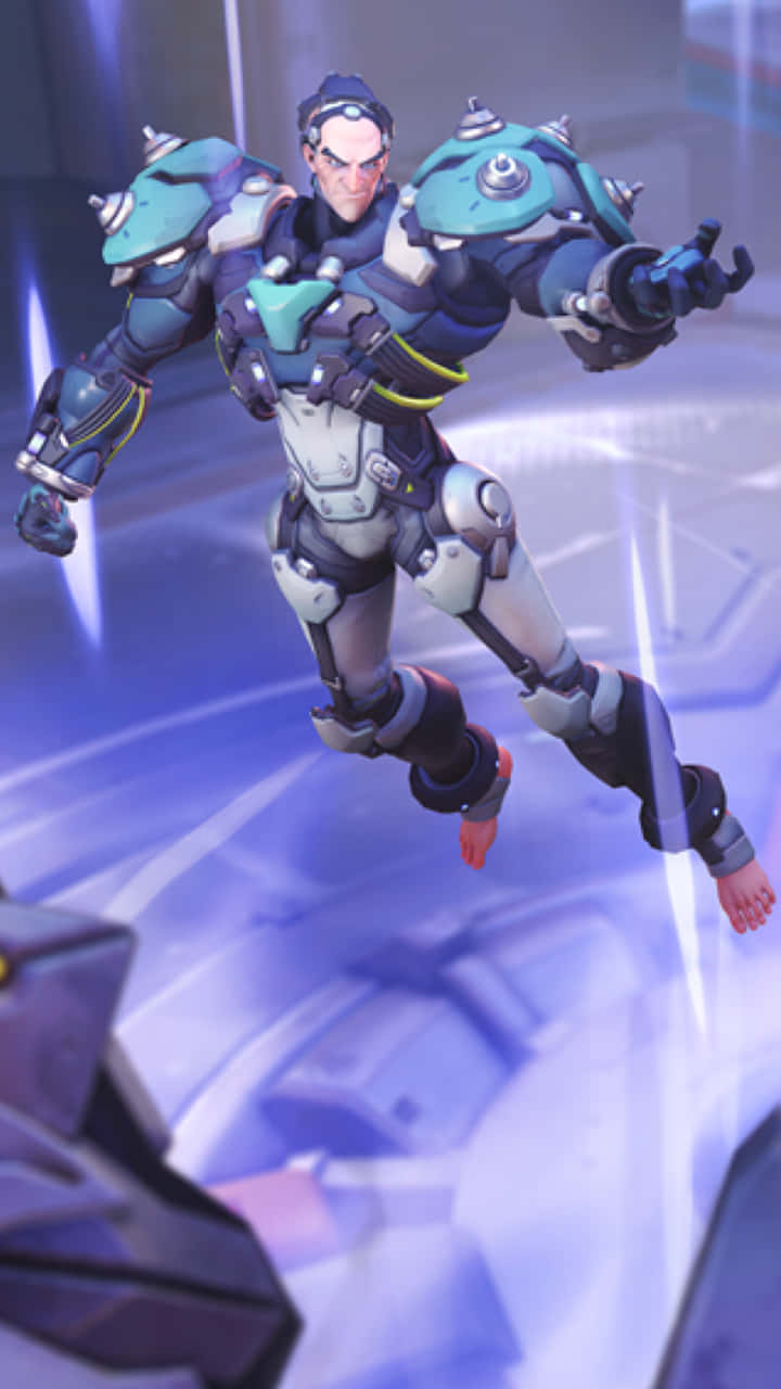iPhone Xs Overwatch 桌布 壁紙 — 一個肌肉發達的裝甲英雄，帶著發光的藍色科技，在未來風格的紫色和白色模糊背景上動態漂浮。