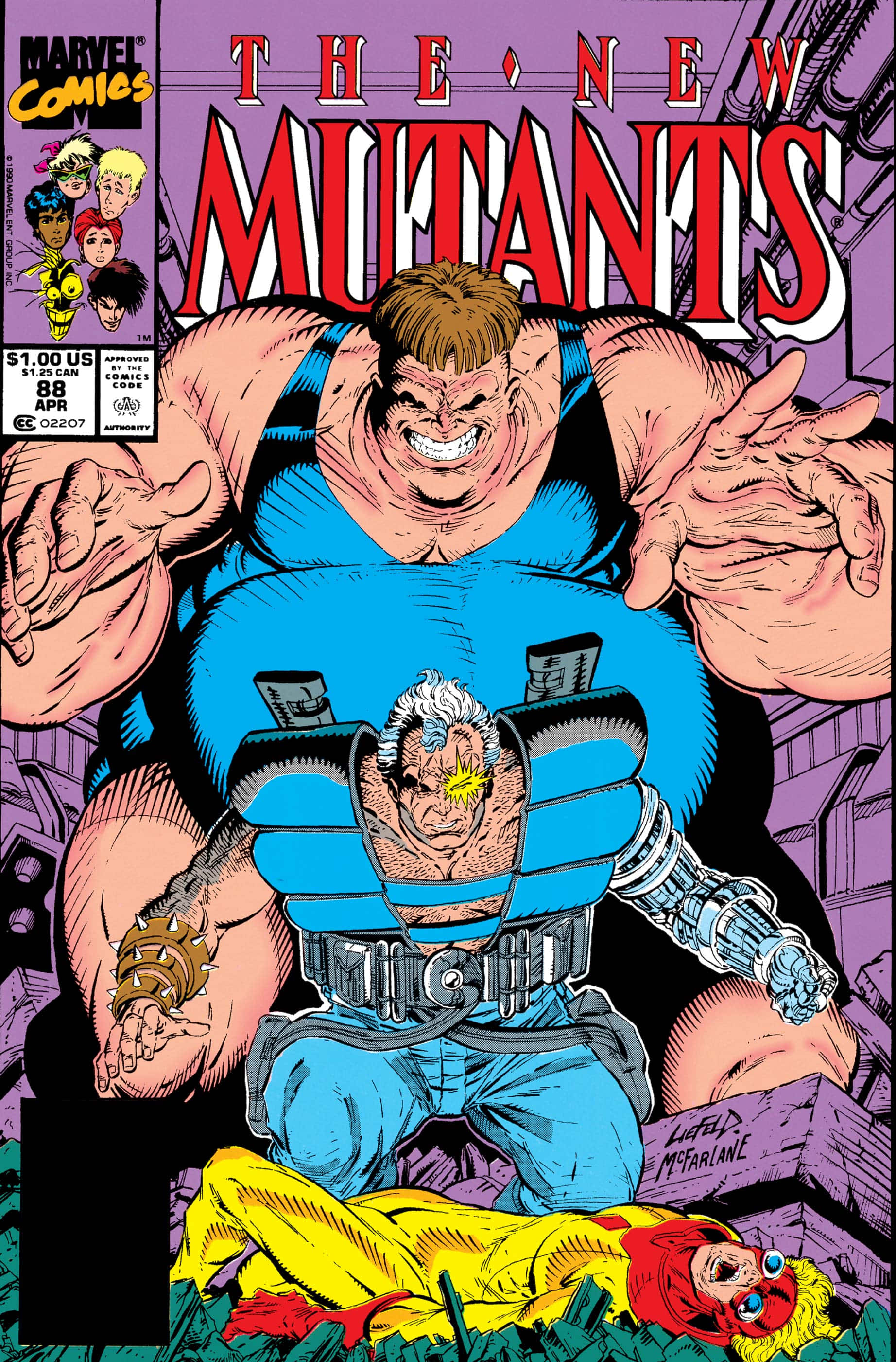 Mutants 桌布 壁紙 — 一個肌肉發達的變種人穿著藍色套裝，在帶有粗體紅色字樣的漫畫書封面上，俯視著倒下的隊友。