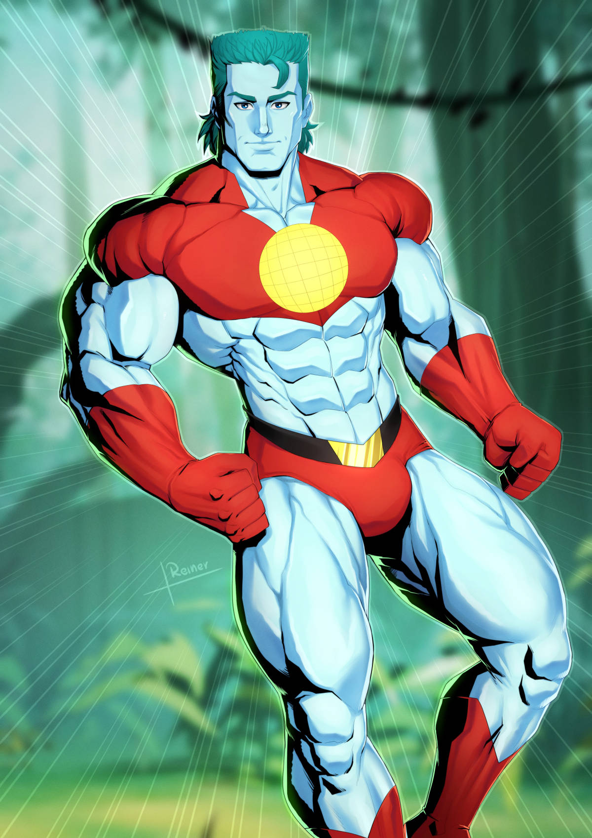 Captain Planet 桌布 壁紙 — 一個肌肉發達的超級英雄，綠色頭髮，身穿紅白相間的套裝，自信地站在叢林環境中。