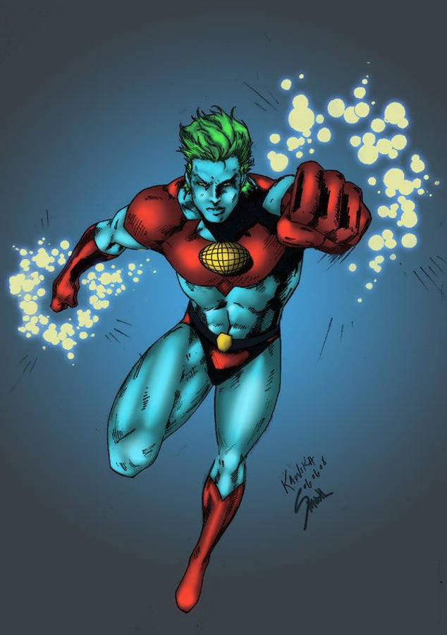 Captain Planet 桌布 壁紙 — 一個肌肉發達的超級英雄，綠色頭髮，身穿紅藍色套裝，向前出拳，拳頭爆發出發光能量，背景為深藍色。
