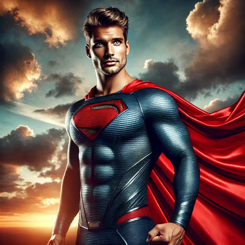 Superman Wallpapers 壁紙 — 一個肌肉發達的超級英雄，身穿帶有紋理的藍色戰衣、紅色斗篷和 'S' 標誌，自信地站在戲劇性的日落天空和翻滾的雲層前。