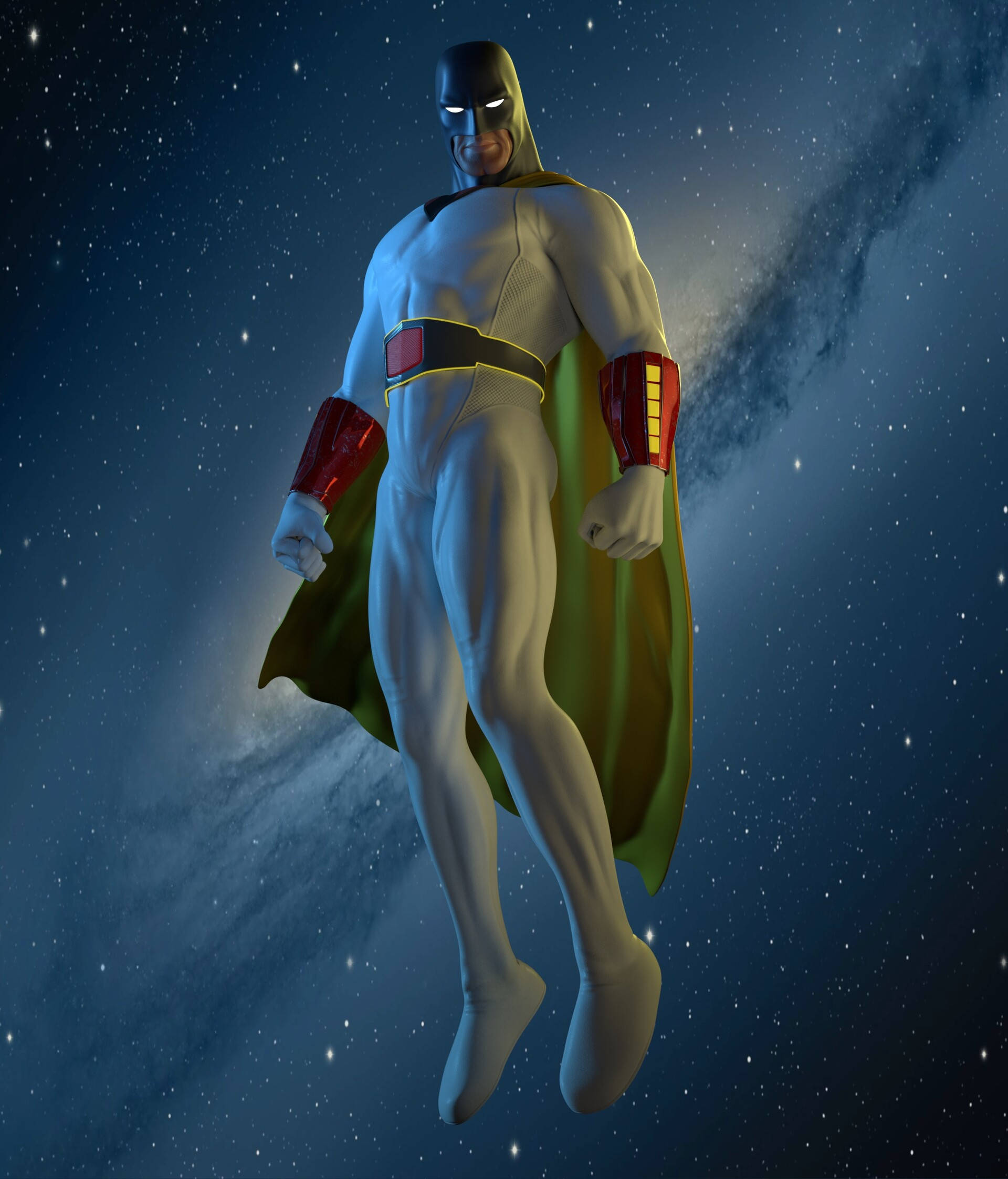 Space Ghost 桌布 壁紙 — 一個肌肉發達的超級英雄，身穿白色套裝和綠色斗篷，在星光燦爛的宇宙背景下自信地漂浮，眼睛發光。