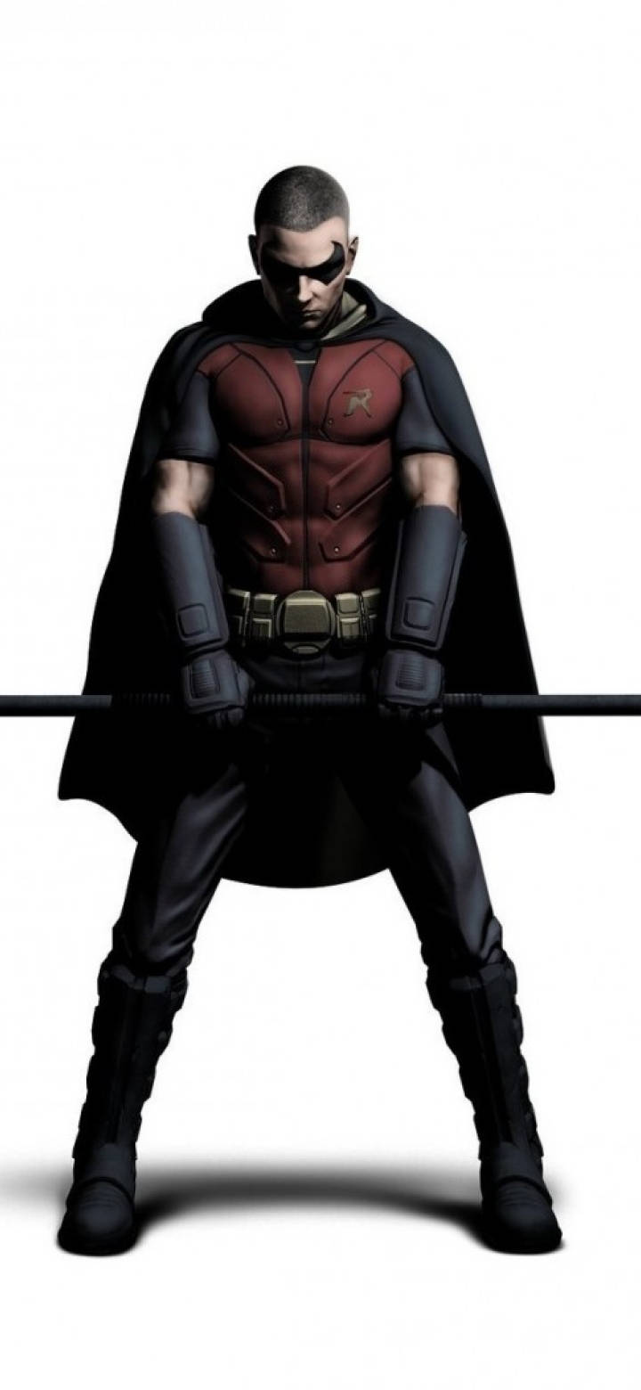 batman arkham city iPhone 桌布 壁紙 — 一個肌肉發達的超級英雄穿著紅黑相間的緊身衣和披風，手握黑色長棍，站在純白背景前。