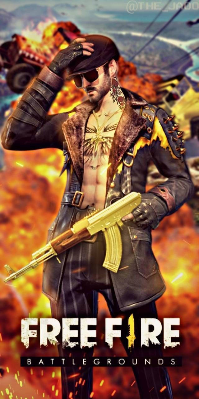 Garena 桌布 壁紙 — 一個肌肉發達的遊戲玩家，身穿皮夾克和帽子，在熾熱的爆炸和損毀的卡車中手持金色步槍。