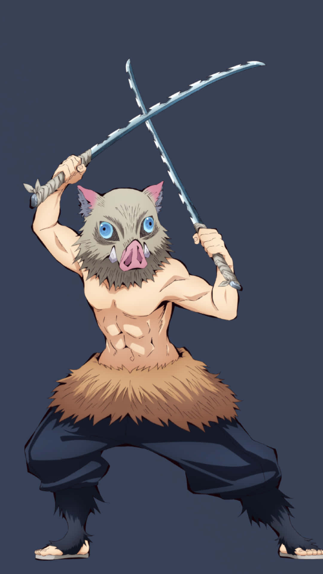 桌布 壁紙 — 一個肌肉發達的野豬頭惡魔戰士，以動漫風格揮舞兩把交叉的劍，背景為深灰色。