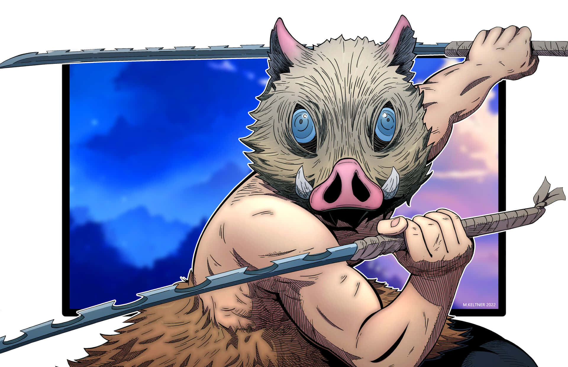 Inosuke Aesthetic 桌布 壁紙 — 一個肌肉發達的野豬頭惡魔戰士，在暮色天空背景下握著一把鋸齒劍。