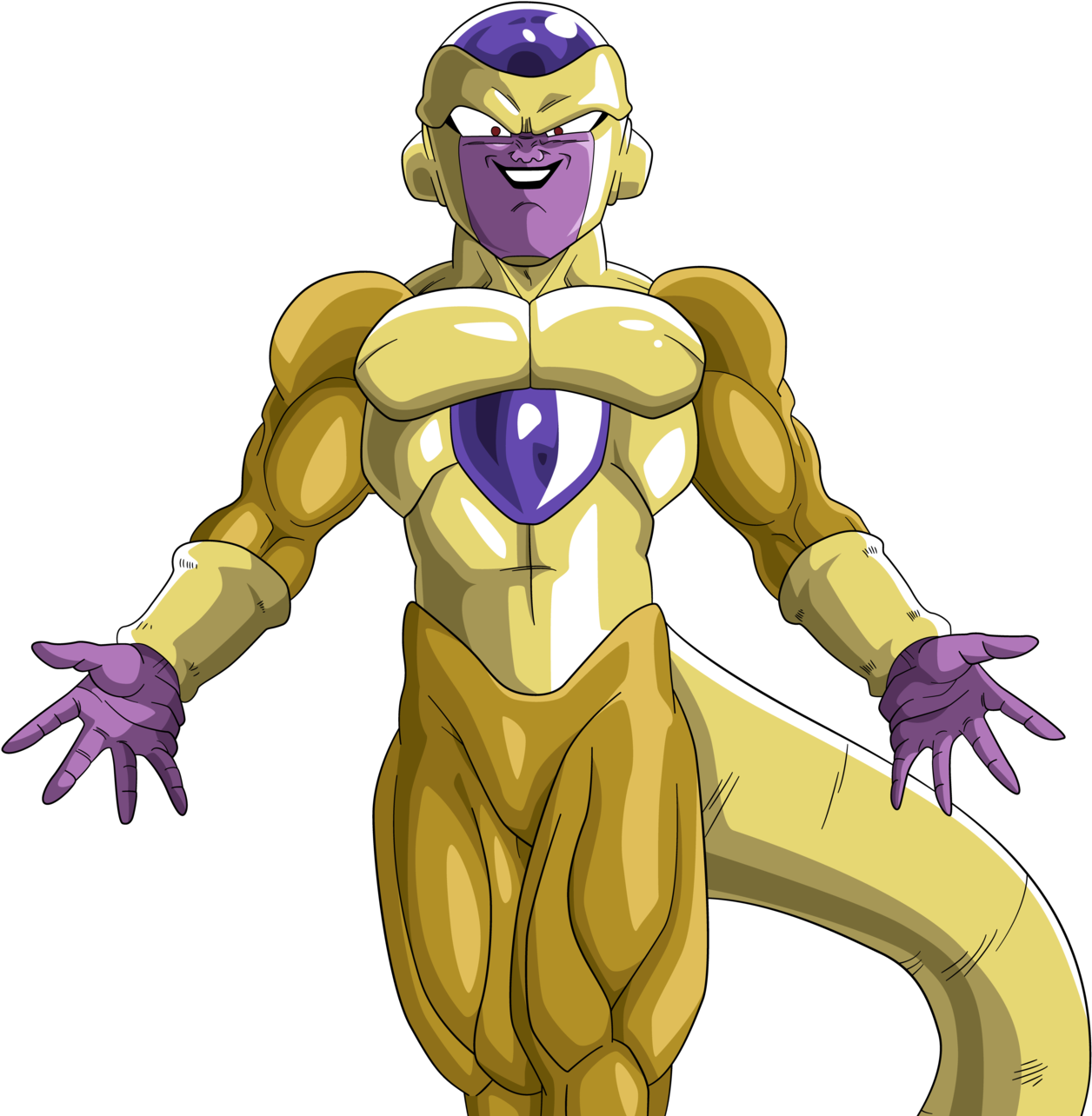 Frieza 桌布 壁紙 — 一個肌肉發達的金色和紫色動漫角色，有尾巴，自信地站在黑色背景前。
