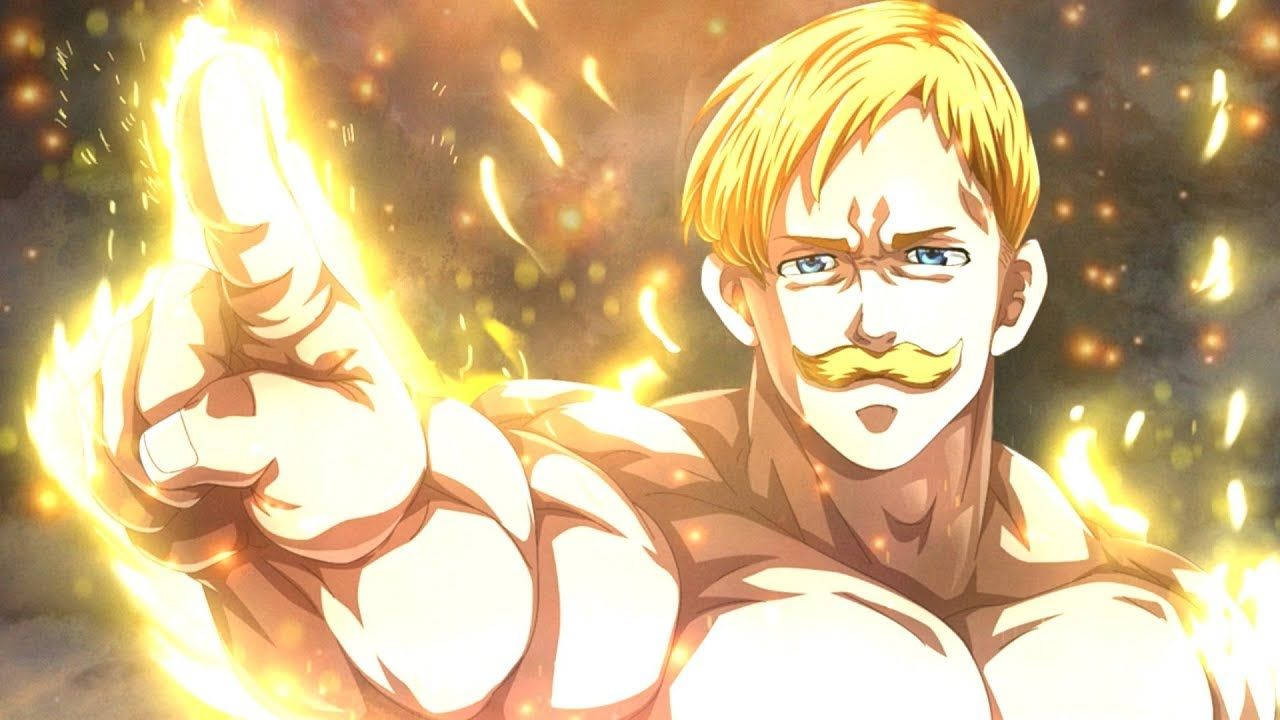 Escanor 桌布 壁紙 — 一個肌肉發達的金髮動漫男人留著鬍子，在閃爍的金色背景前用火焰般發光的拳頭向前指。