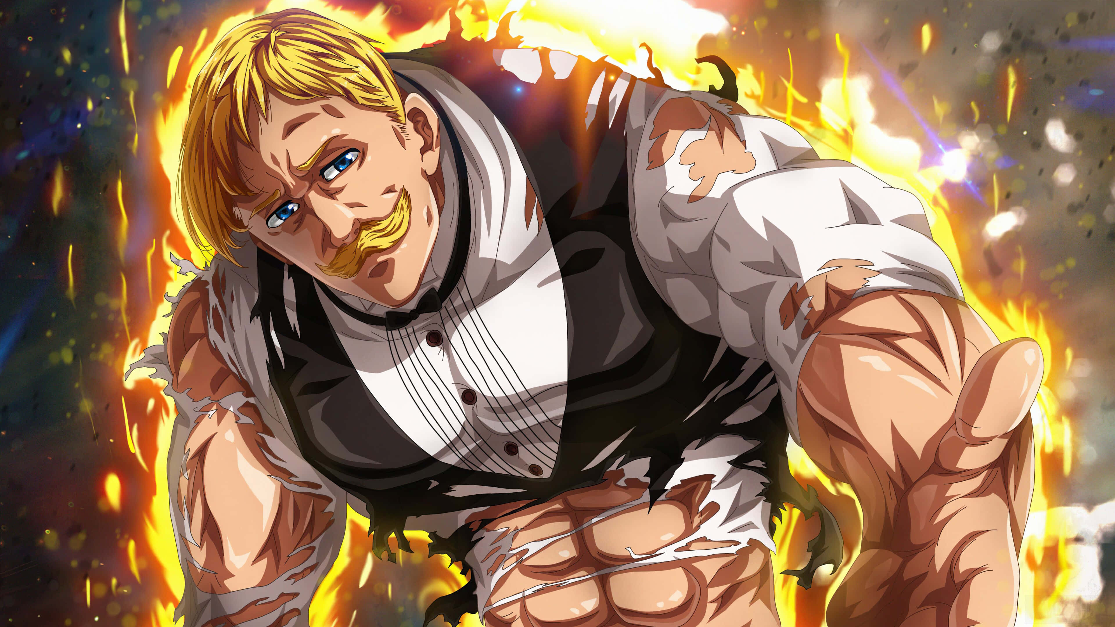 Escanor 桌布 壁紙 — 一個肌肉發達的金髮動漫男人留著鬍子，在動態戰鬥姿勢中咆哮，火焰在他周圍爆發。