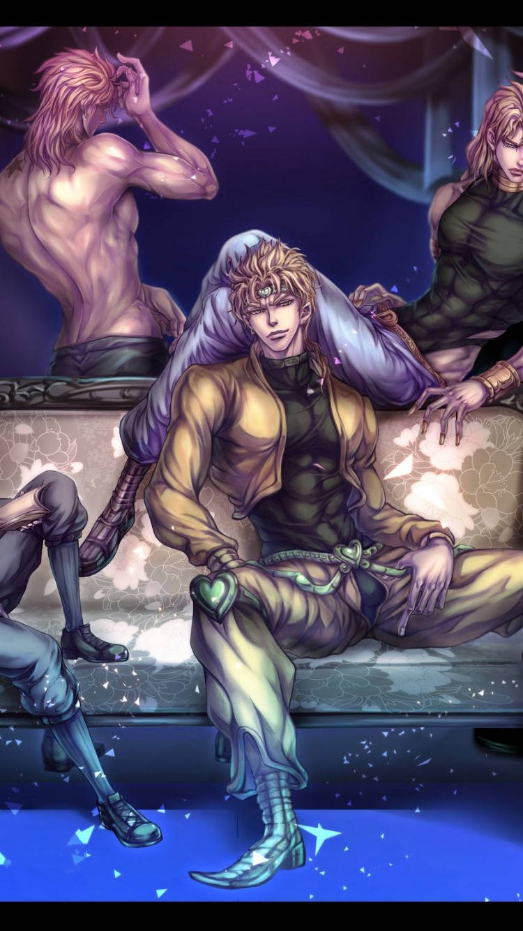 adventure 桌布 壁紙 — 一個肌肉發達的金髮動漫男子自信地坐在一個像王座的長椅上，周圍環繞著漂浮的紫色碎片和其他角色，背景是戲劇性的紫色和藍色。