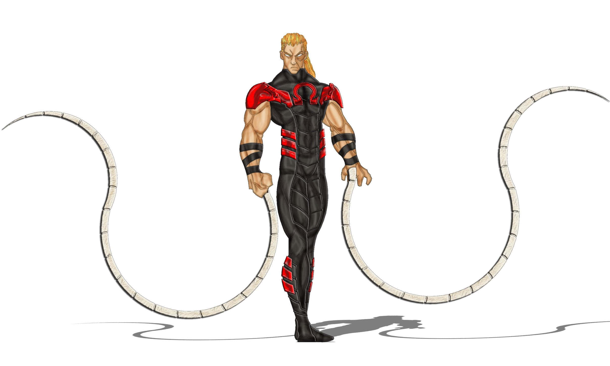 Omega Red 桌布 壁紙 — 一個肌肉發達的金髮超級英雄，身穿黑色和紅色套裝，在純白色背景前揮舞著兩條長節鞭。