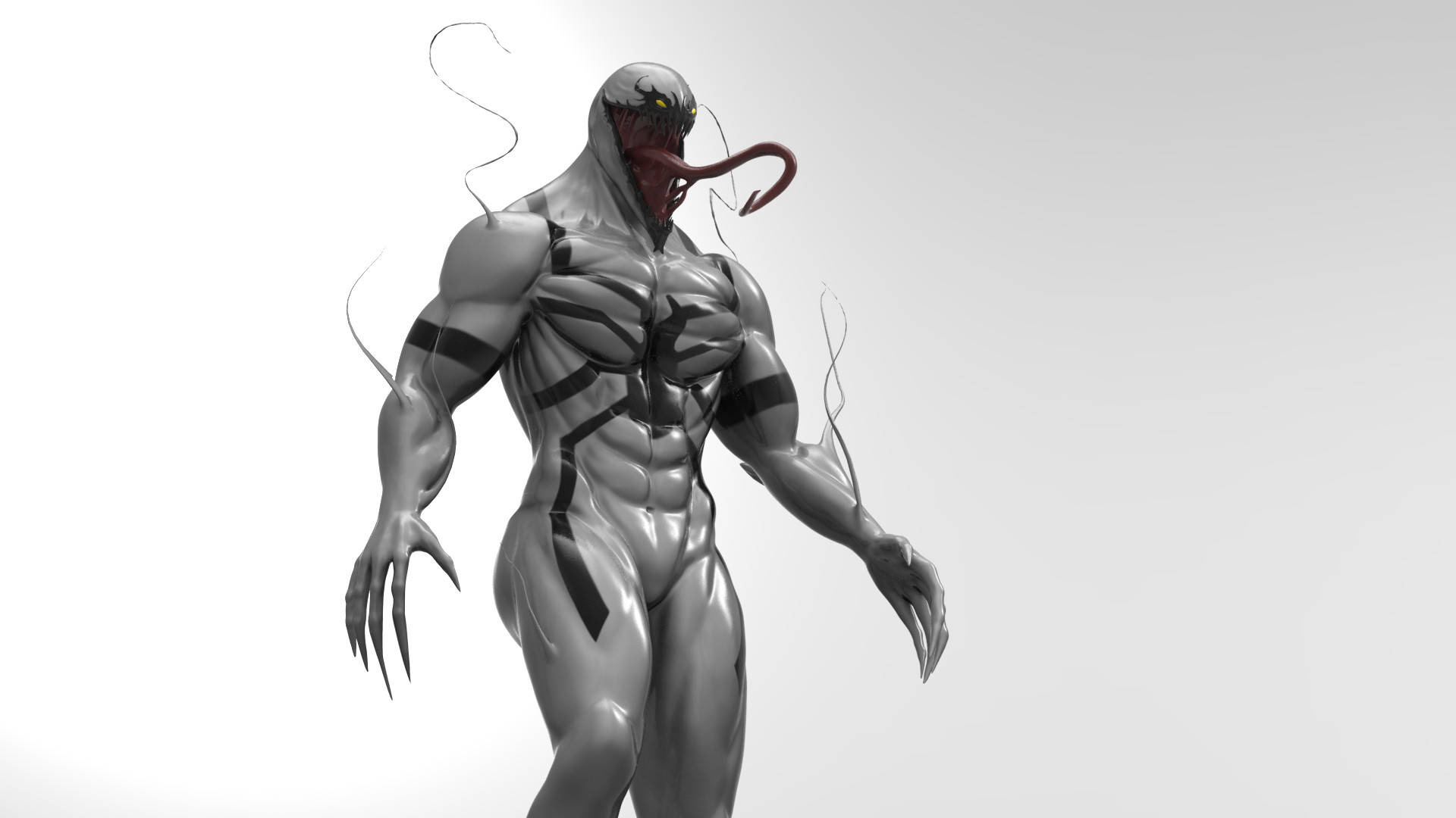 Anti Venom 桌布 壁紙 — 一個肌肉發達的銀色共生生物，帶有黑色條紋和長長的紅色舌頭，站在純白色背景前。
