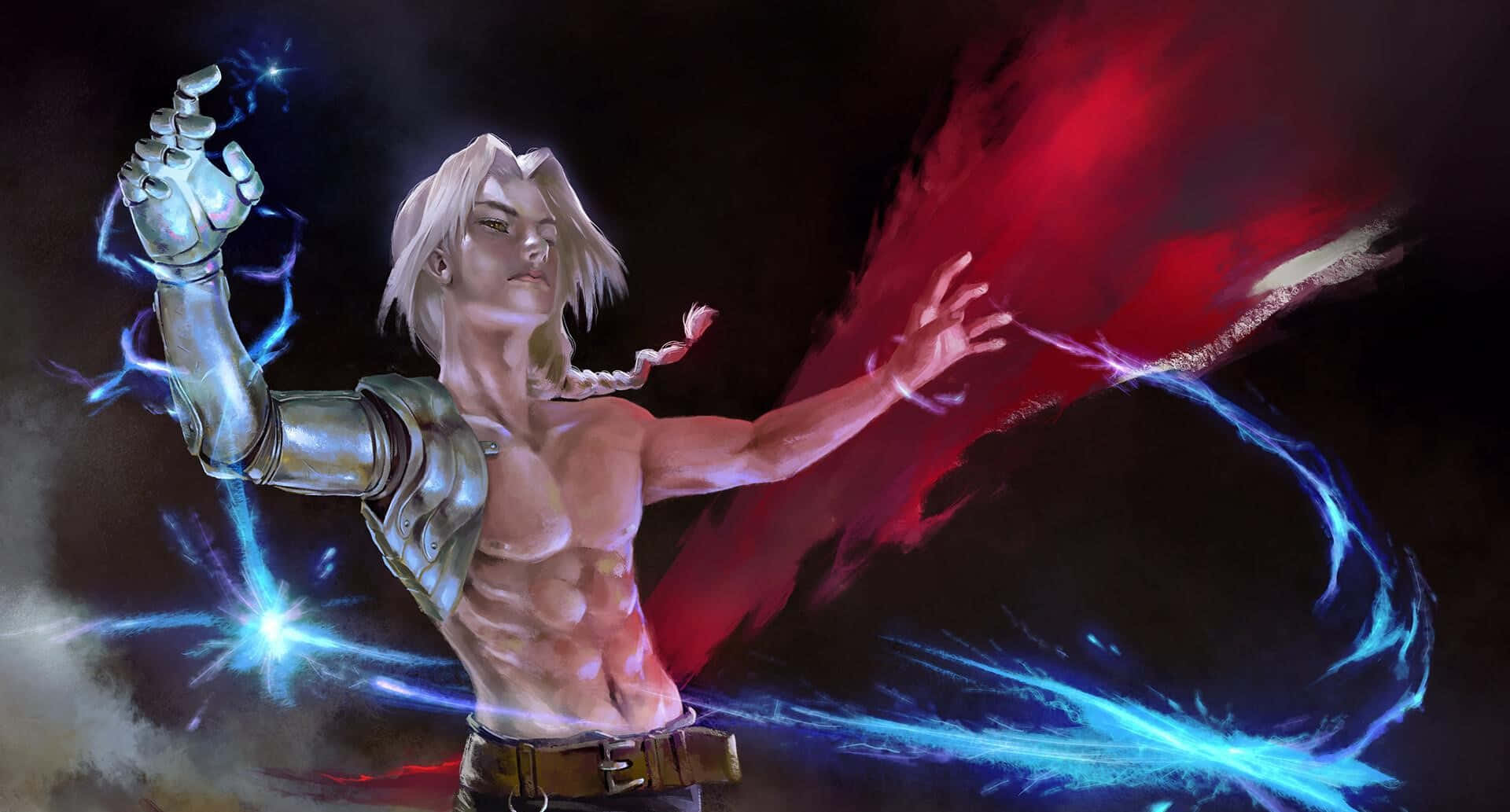 edward elric 桌布 壁紙 — 一個肌肉發達的銀髮動漫戰士在黑暗戲劇性的姿勢中引導藍色和紅色的能量。