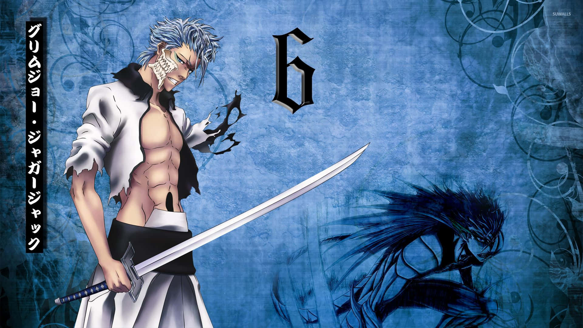 Toshiro Hitsugaya 桌布 壁紙 — 一個肌肉發達的銀髮骷髏臉動漫戰士，在深藍色漩渦背景中揮舞著劍。