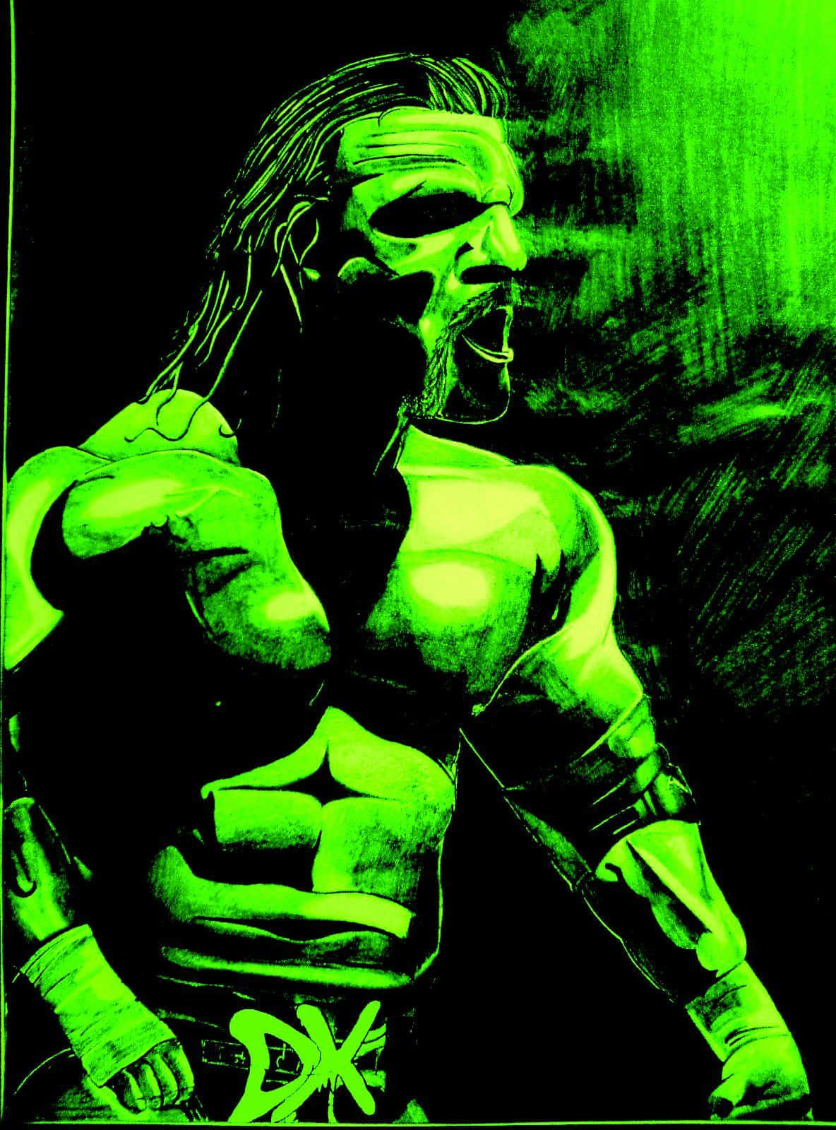triple h 桌布 壁紙 — 一個肌肉發達的長髮摔角手在黑暗背景中發出霓虹綠色的咆哮。