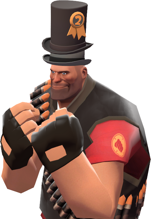 Tf2 桌布 壁紙 — 一個肌肉發達的電子遊戲角色，戴著高帽，上面有數字二的絲帶和子彈帶，緊握拳頭。
