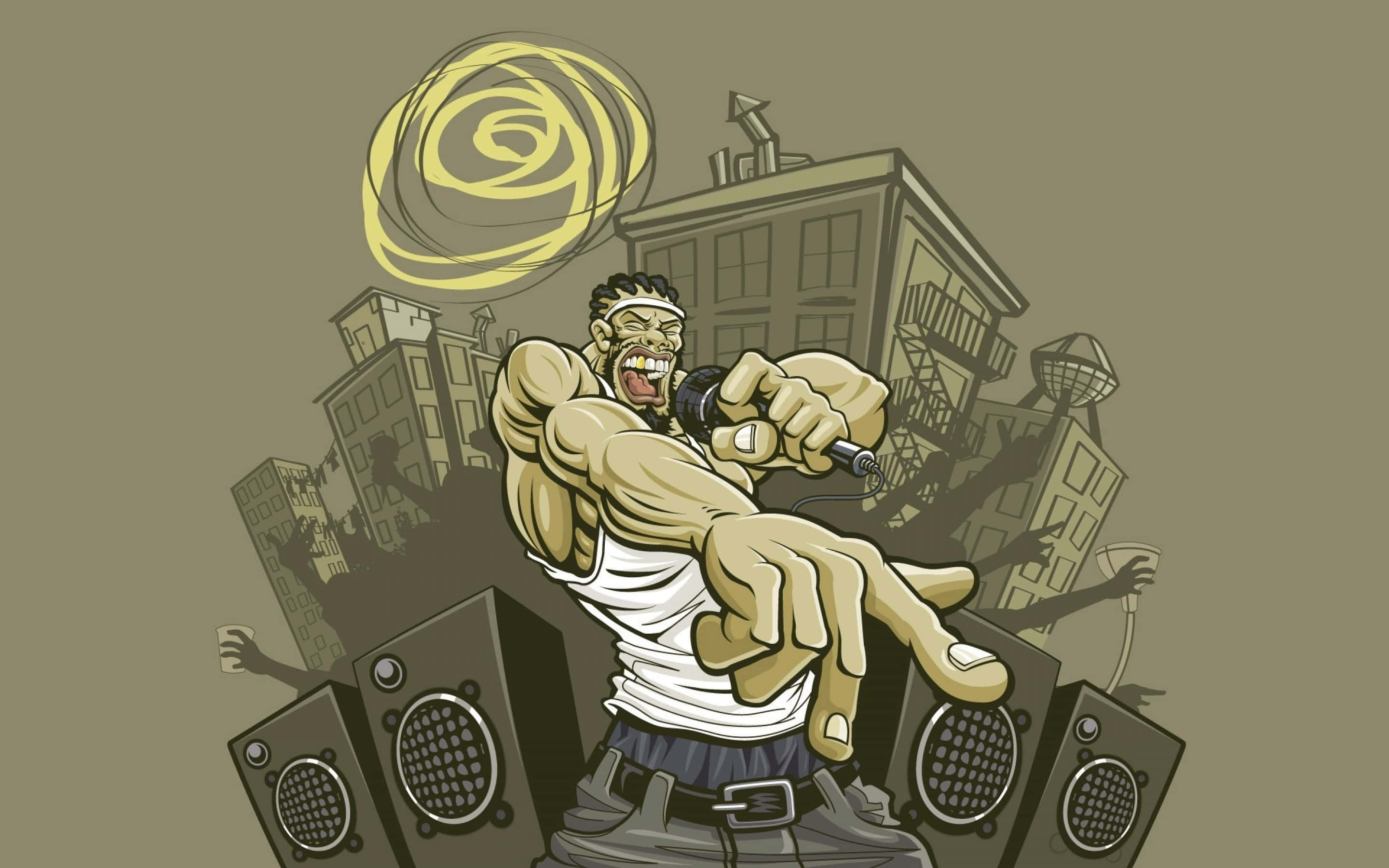 Rapper Cartoon 桌布 壁紙 — 一個肌肉發達的饒舌歌手戴著白色頭帶，在巨型揚聲器和倒塌的城市建築物包圍下對著麥克風大喊。
