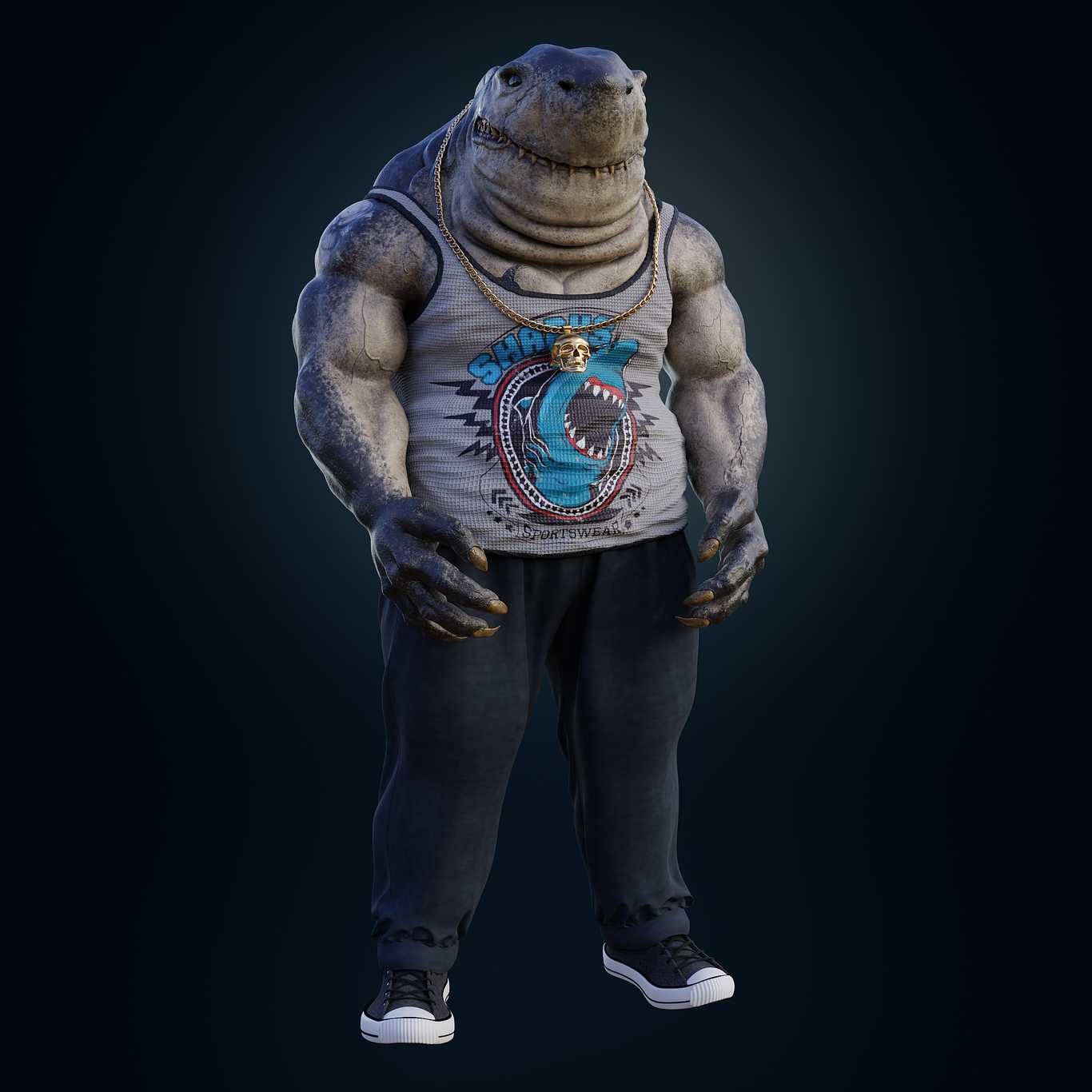 King Shark 桌布 壁紙 — 一個肌肉發達的鯊魚人形穿著圖案背心和牛仔褲，自信地站在深色漸變背景前。