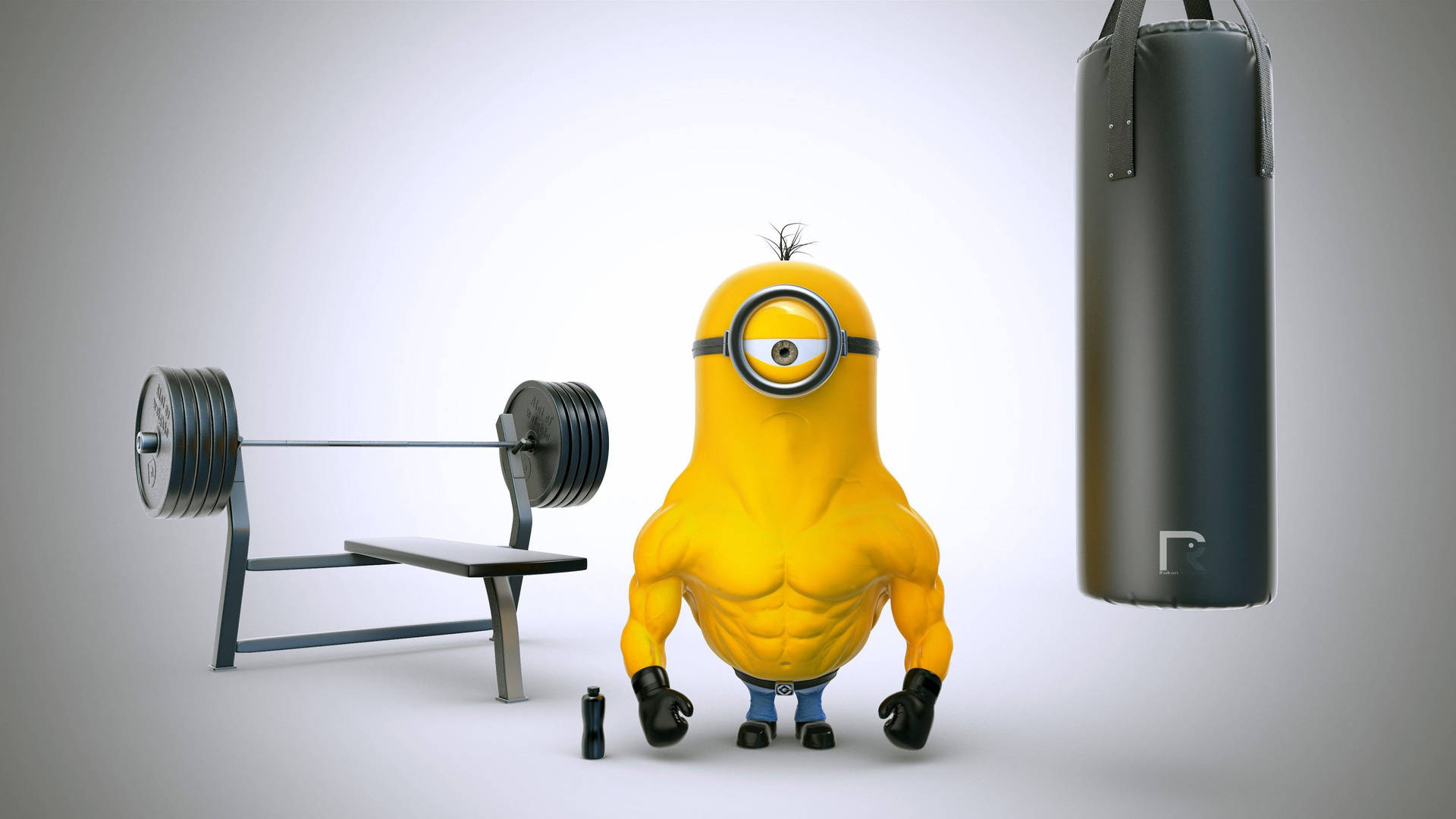 一個肌肉發達的黃色Minion在健身房裡，有啞鈴和沙包。 — 神偷奶爸 GIF 壁紙