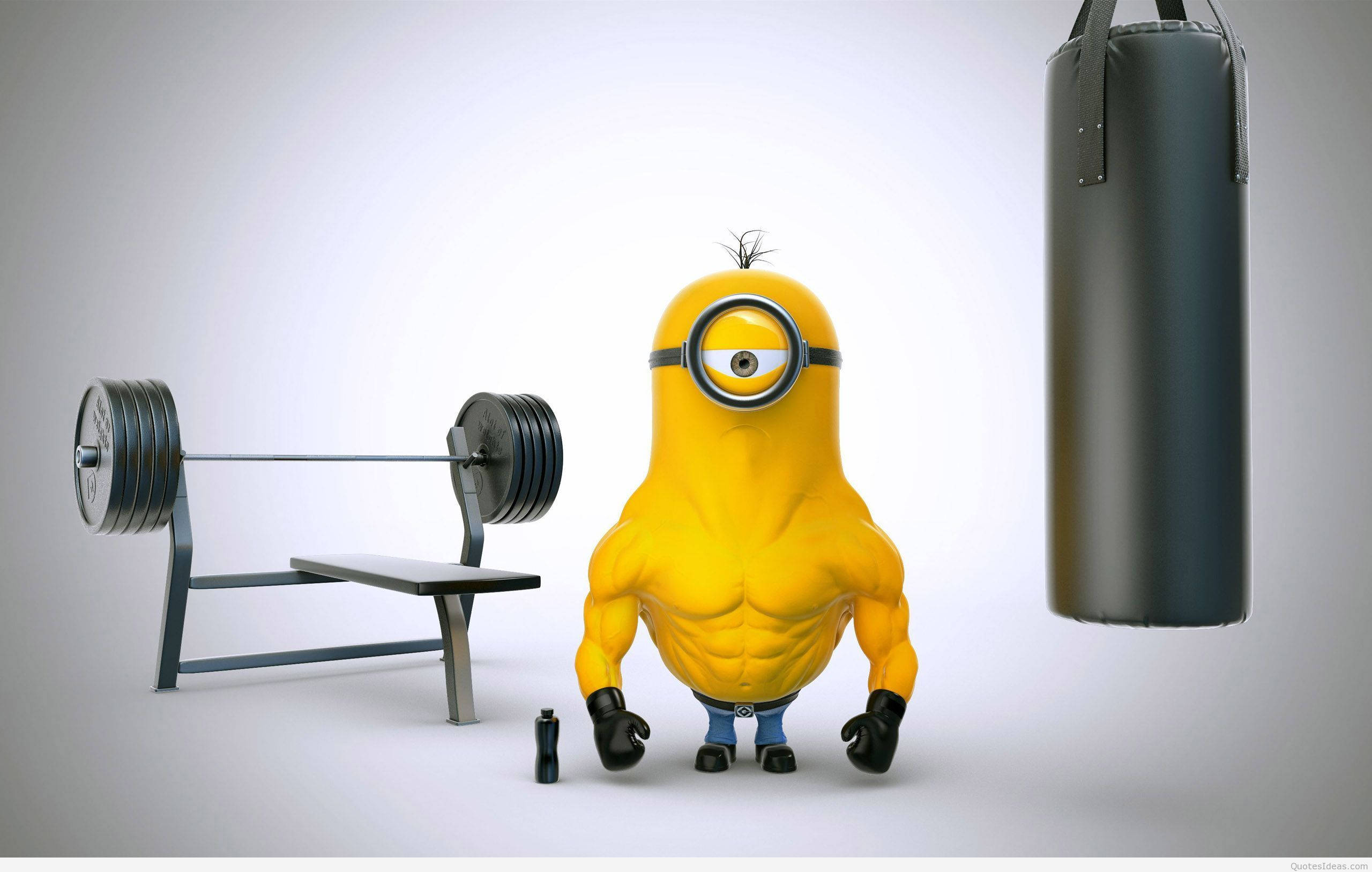 Exercise 桌布 壁紙 — 一個肌肉發達的黃色Minion自豪地站在設有槓鈴凳和沙包的健身房中。