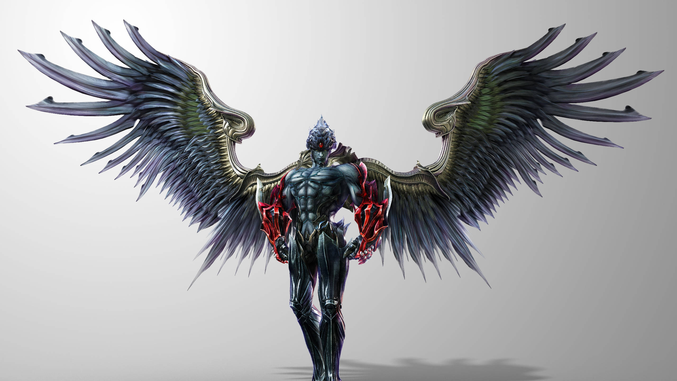 Tekken 桌布 壁紙 — 一個肌肉發達的黑暗天使，擁有金屬翅膀和發光的紅色盔甲，站在純灰色背景前。