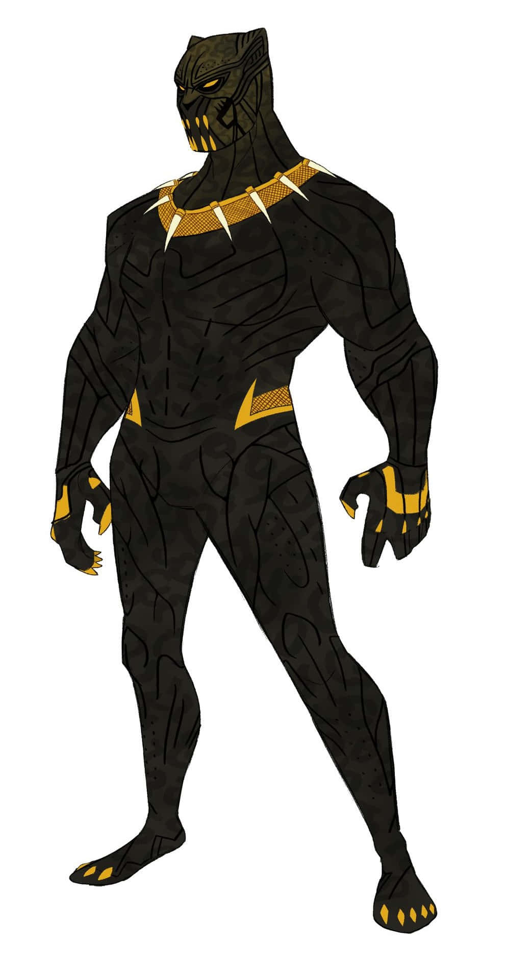 King Of Wakanda 桌布 壁紙 — 一個肌肉發達的黑豹超級英雄，身穿黑金色戰衣，以完整姿勢站在白色背景前。