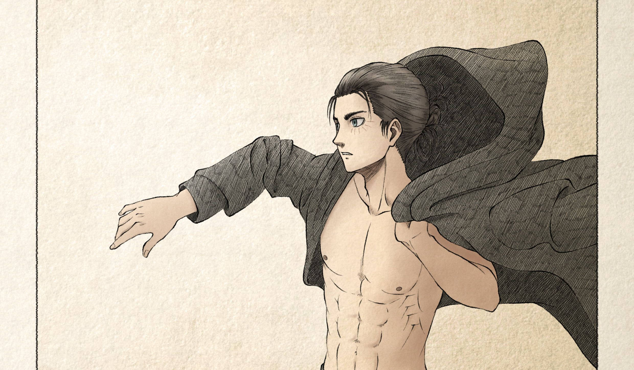 Eren Season 4 桌布 壁紙 — 一個肌肉發達的黑髮動漫男子在紋理米色背景前脫下外套。